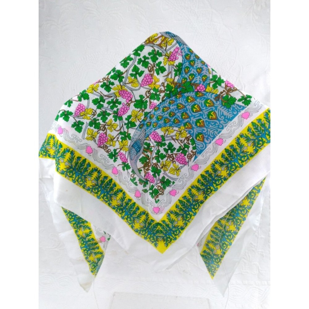 Vtg Acrylic Japan Large Peacock grapes vines Psychedelic Vibrant Scarf 34" READ